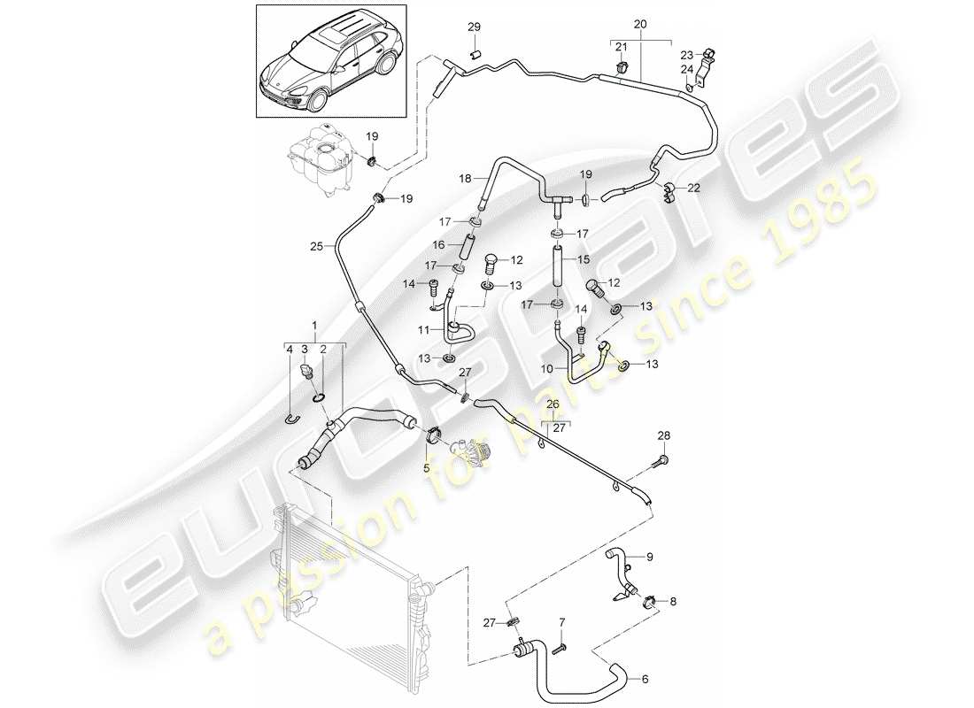 porsche 2011 (cayenne e2 92a) wasserkühlung 4 teilediagramm