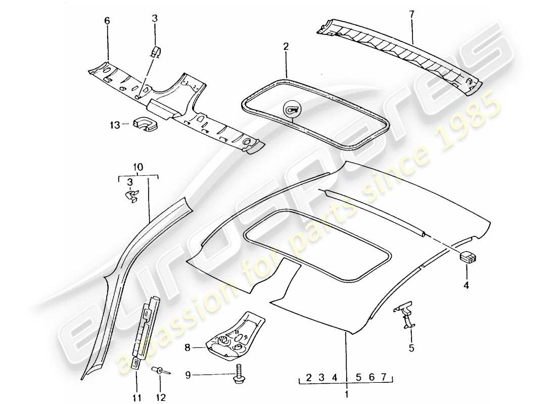 porsche 2002 (996 turbo / gt2) dachverkleidung - ersatzteildiagramm