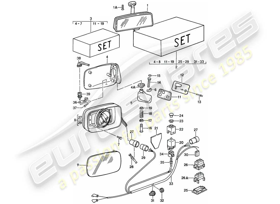 porsche 1989 (911) rückspiegel innen - rückspiegel teilediagramm