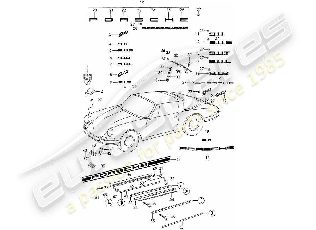 porsche 1969 (911/912) dekorative beschläge - d >> - mj 1968 ersatzteildiagramm