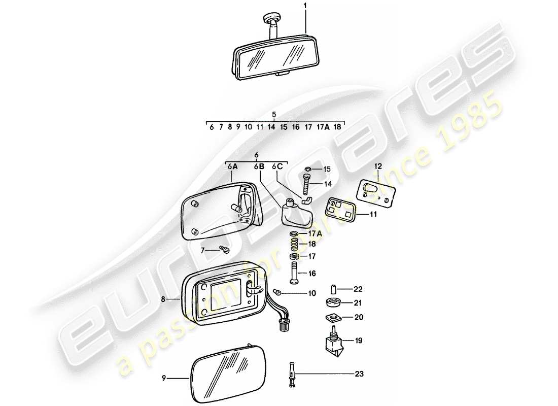 porsche 1979 (911) rückspiegel - rückspiegel ersatzteildiagramm