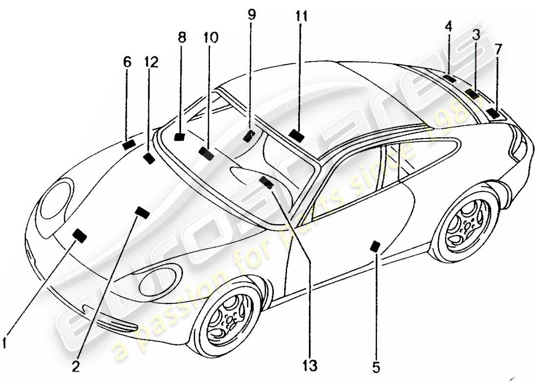 porsche 2004 (996) zeichen/hinweise teilediagramm