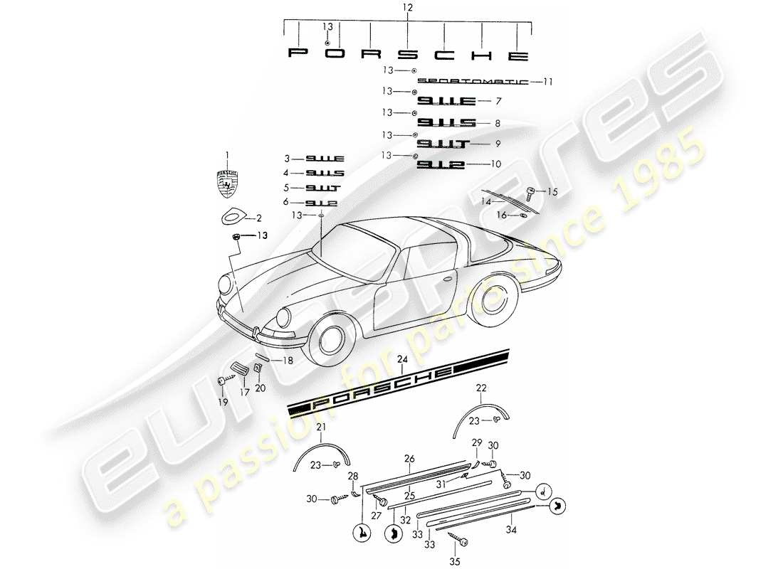 porsche 1968 (911/912) dekorative beschläge - d - mj 1969>> - mj 1969 ersatzteildiagramm