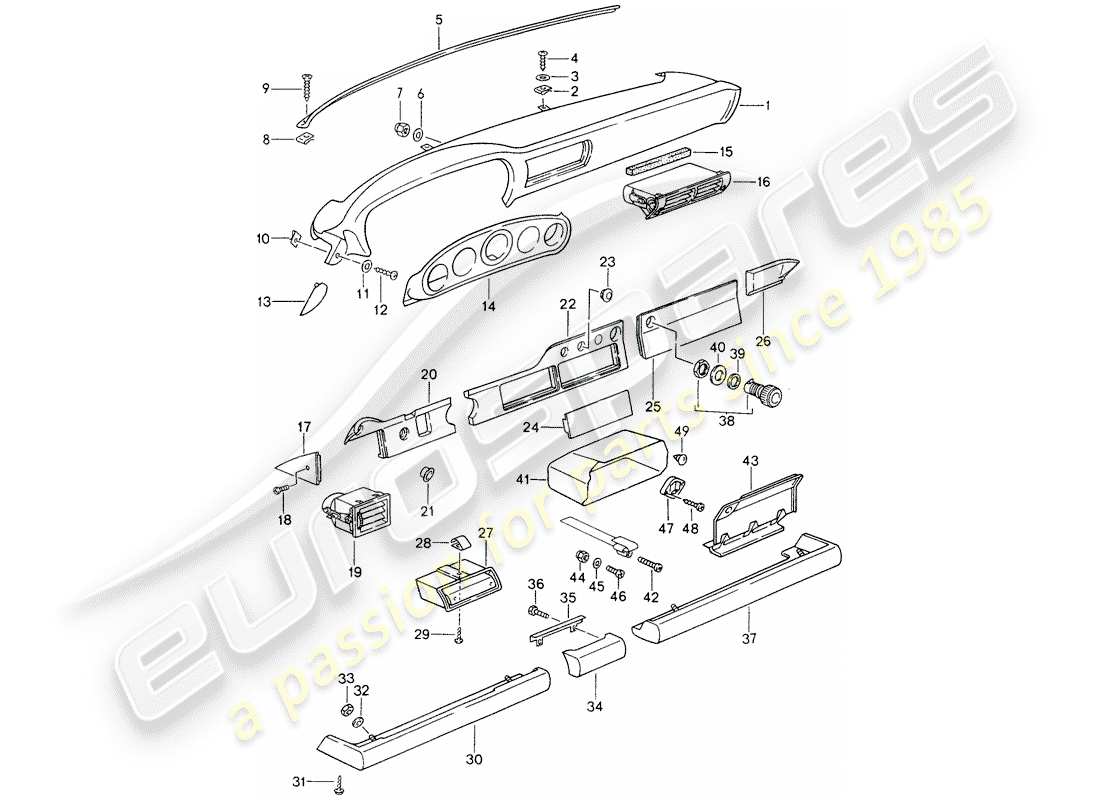 porsche 1994 (993) armaturenbrett - knieschützerverkleidung - für fahrzeuge ohne airbag - (beifahrerseite) ersatzteildiagramm