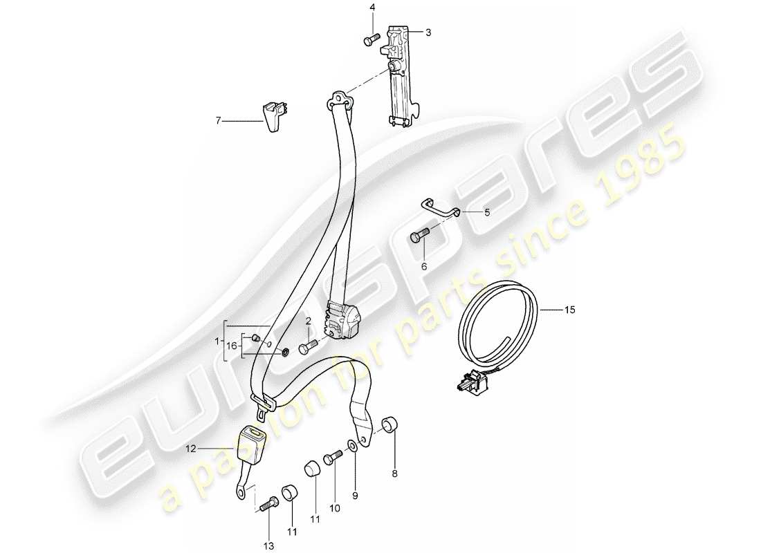 porsche 2001 (996) dreipunkt-sicherheitsgurt – teilediagramm
