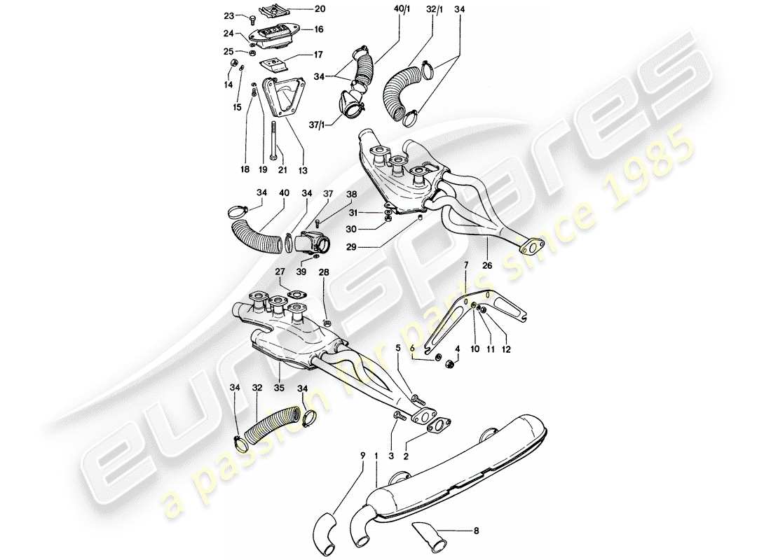 porsche 1970 (914) auspuffanlage - heizluftzufuhr - motoraufhängung teilediagramm