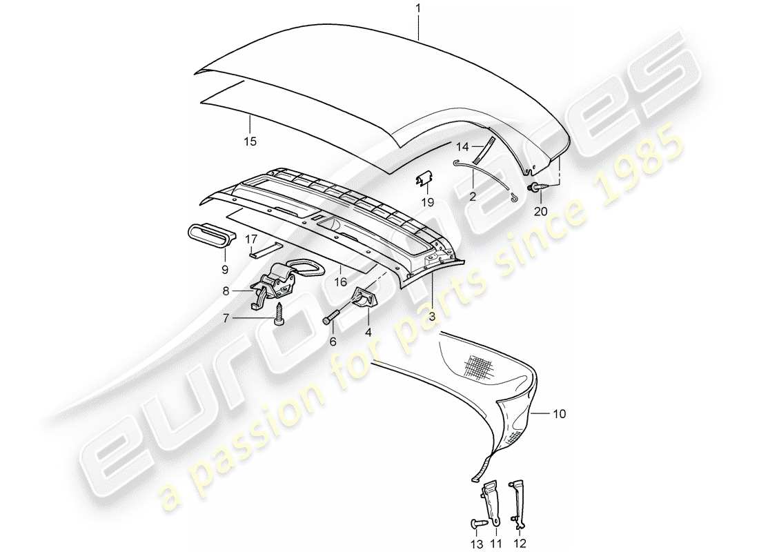 porsche 2001 (986 boxster) cabrio-verdeckabdeckung - dachhimmel ersatzteildiagramm