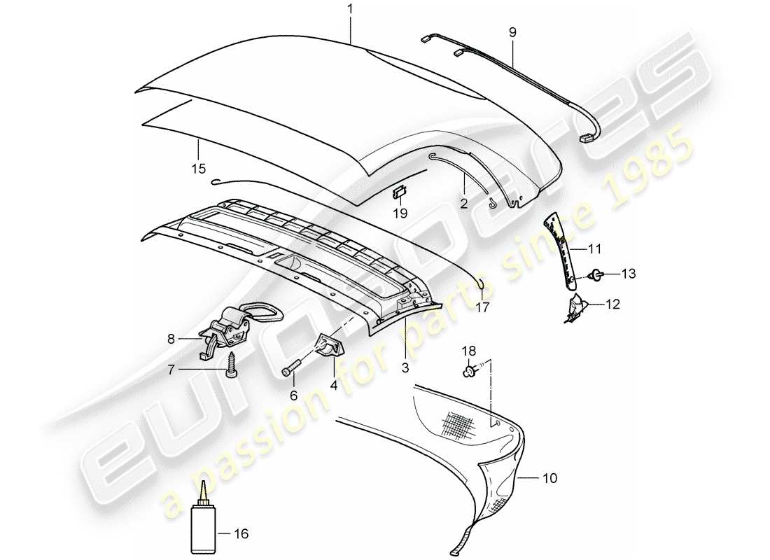 porsche 2005 (987 boxster) cabrio-verdeckabdeckung ersatzteildiagramm