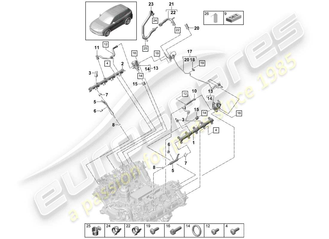porsche 2018 (cayenne e3 9ya/9yb) kraftstoffsammelrohr ersatzteildiagramm
