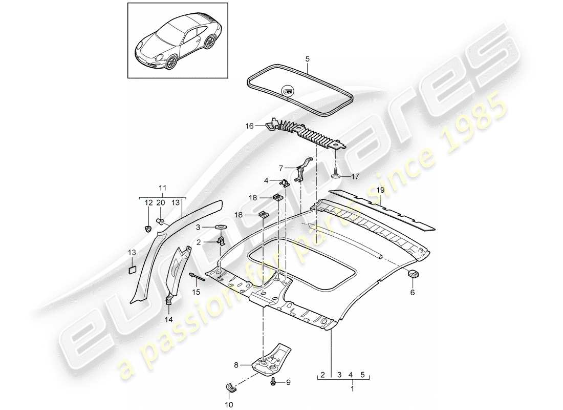 porsche 2011 (997-2 turbo / gt2 rs) dachverkleidung - ersatzteildiagramm