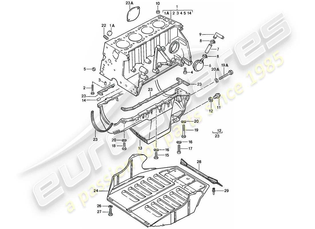 porsche 1977 (924) zylinderblock - mit kolben - ölwanne - schutzblech f. motor ersatzteildiagramm