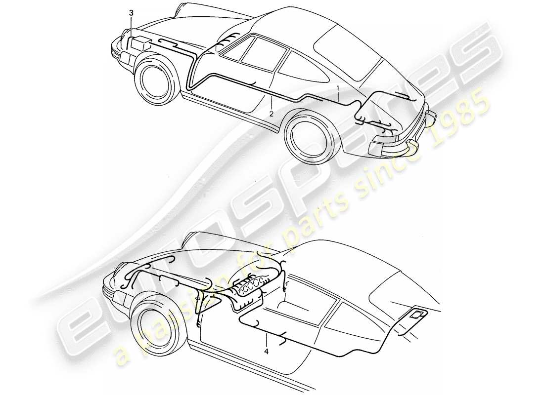 porsche 1989 (911) kabelbäume - fahrgastraum - starterbatterie - gepäckraumboden ersatzteildiagramm