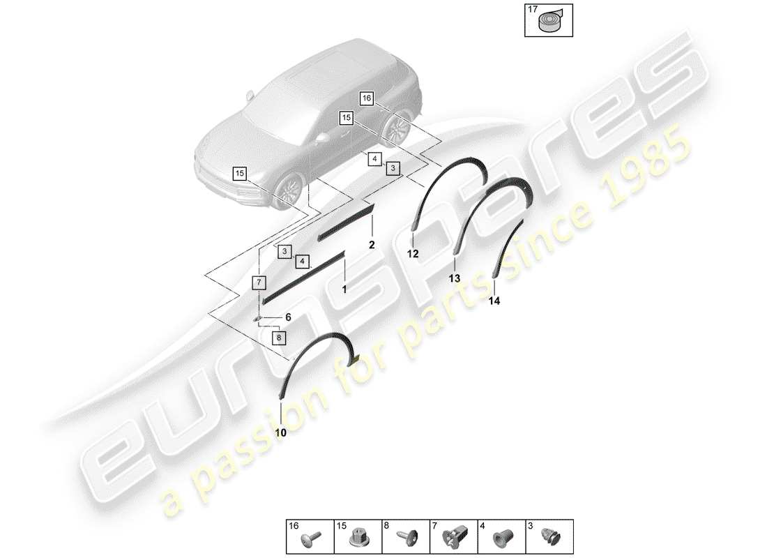 porsche 2020 (cayenne e3 9ya/9yb) radkastenabdeckung ersatzteildiagramm