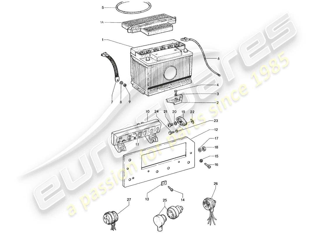 porsche 1975 (914) batterie - sicherungskasten ersatzteildiagramm