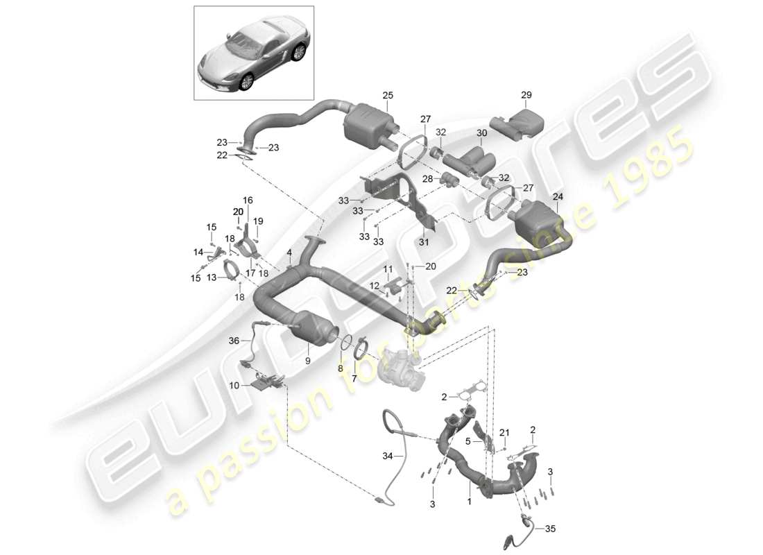 porsche 2020 (718 boxster) abgasanlage schalldämpfer katalysator teilediagramm
