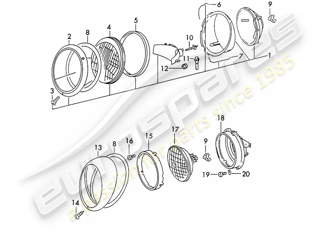 porsche 1972 (911) scheinwerfer-teilediagramm