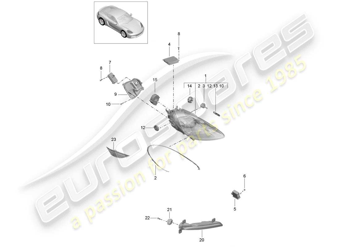 porsche 2020 (718 cayman) scheinwerfer-teilediagramm