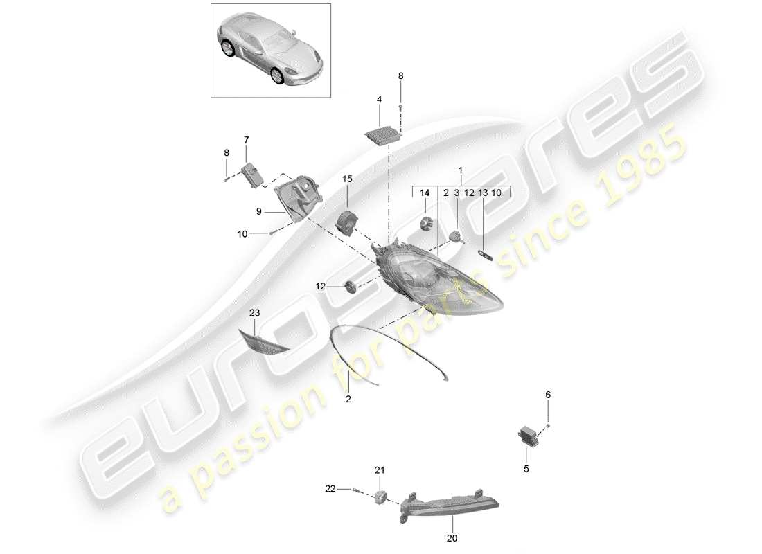 porsche 718 cayman (2020) scheinwerfer-teilediagramm