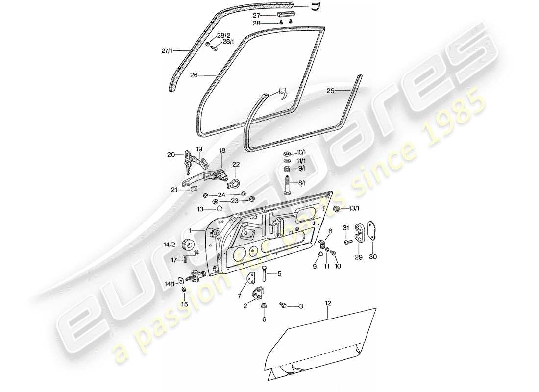 porsche 1977 (911) tür - mit einbauteilen ersatzteildiagramm