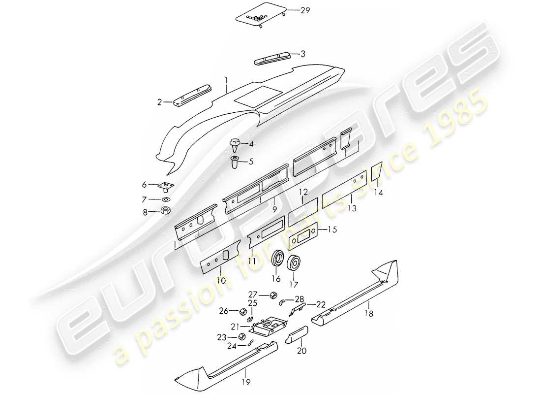 porsche 1972 (911) armaturenbrettverkleidung - mit: - aschenbecher - und - verkleidungsabdeckung ersatzteildiagramm