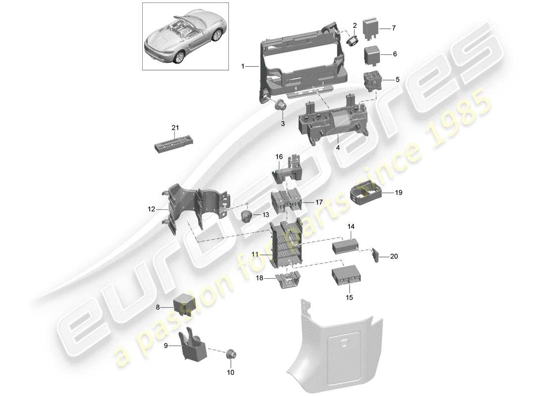 porsche 2018 (718 boxster) sicherungskasten/relaisplatte ersatzteildiagramm