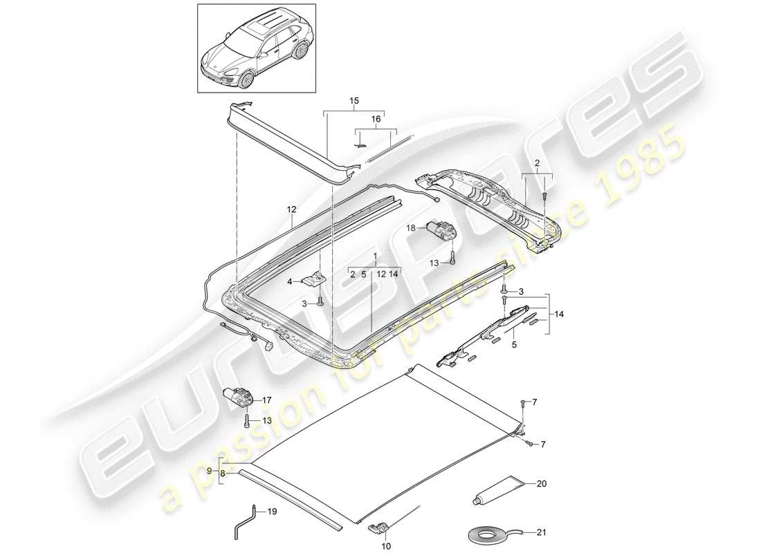 porsche 2011 (cayenne e2 92a) glasdach - ersatzteildiagramm