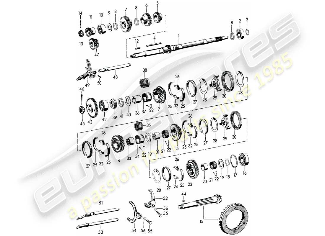 porsche 1964 (356b/356c) geschwindigkeit - getriebe - zahnräder und wellen ersatzteildiagramm