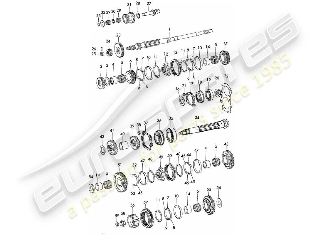 porsche 1971 (911) zahnräder und wellen - 5-speed - getriebe - d - mj 1972>> ersatzteildiagramm