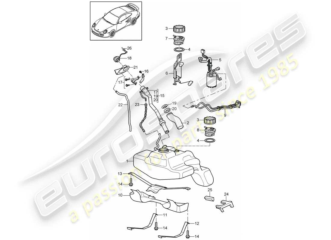 porsche 2011 (997-2 turbo / gt2 rs) kraftstofftank teilediagramm