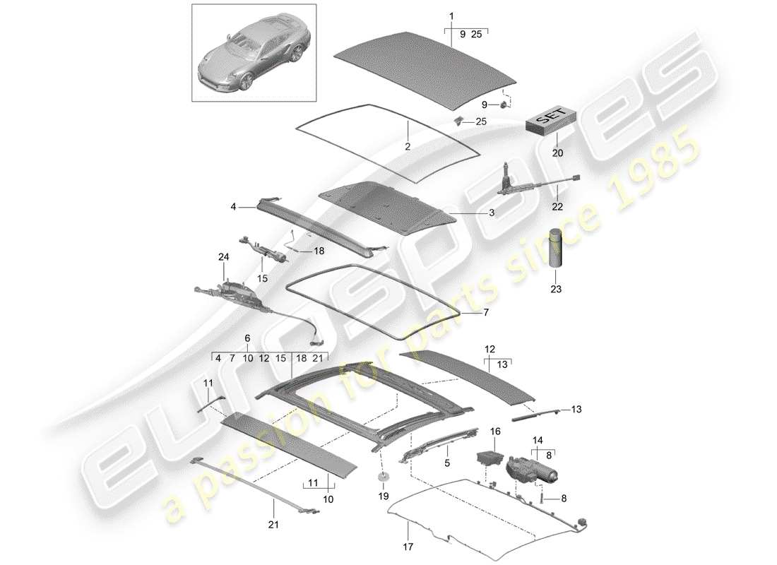 porsche 2020 (991-2 turbo) glasschiebedach ersatzteildiagramm