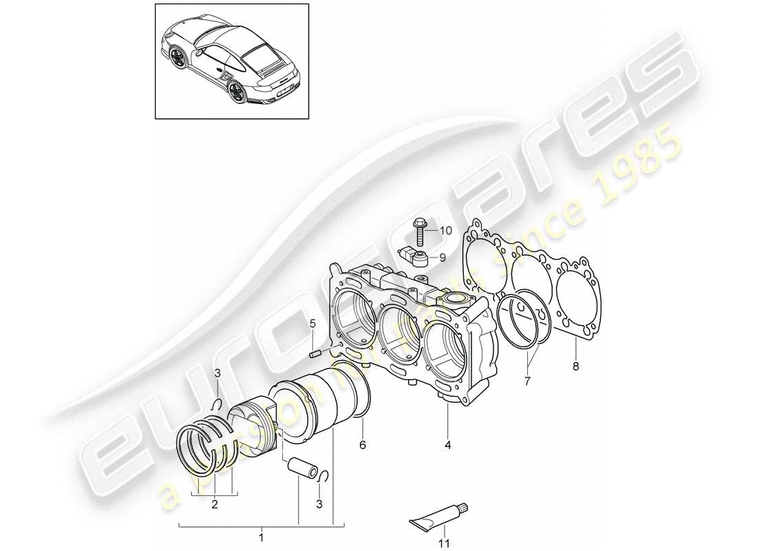 porsche 2011 (997-2 turbo / gt2 rs) zylinder mit kolben ersatzteildiagramm