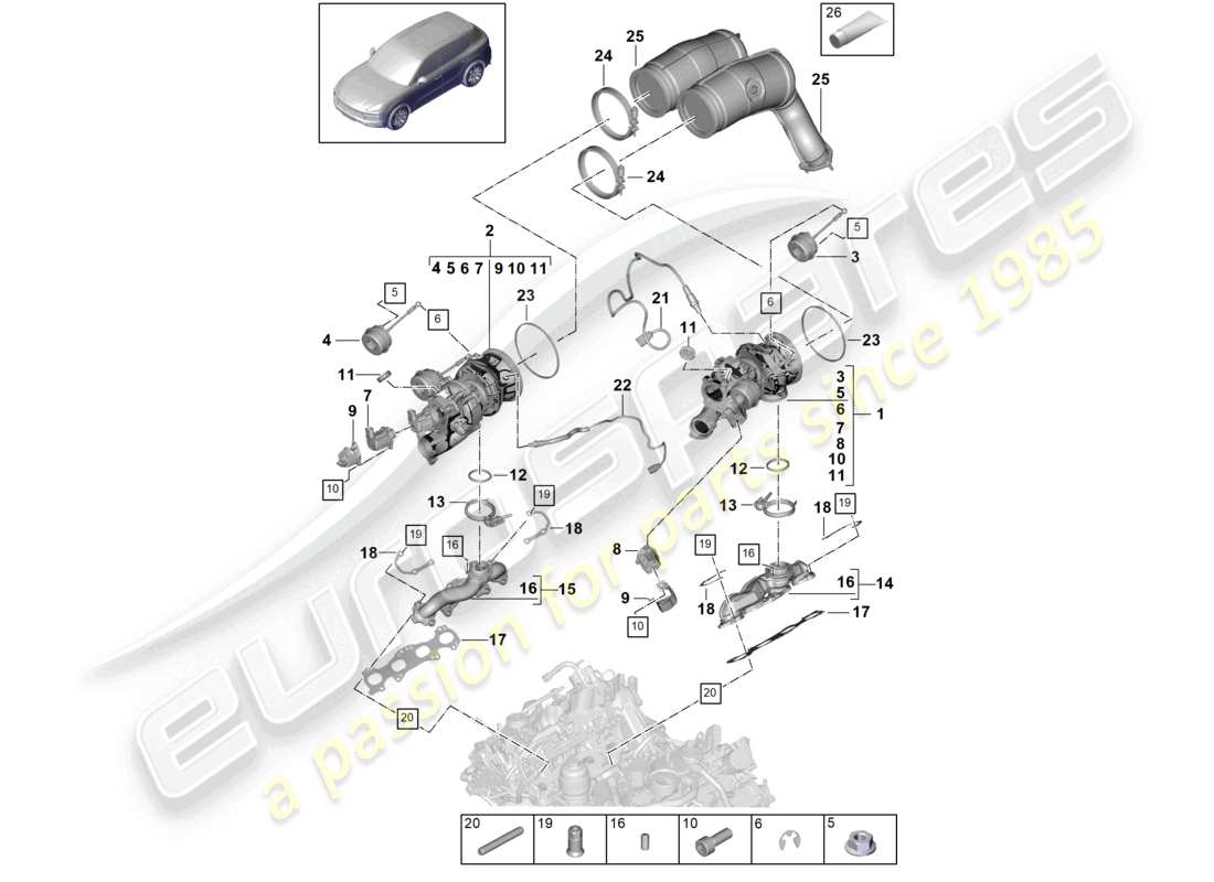 porsche 2019 (cayenne e3 9ya/9yb) abgasturbolader abgaskrümmer lambdasonde teilediagramm