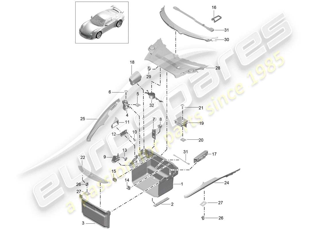 porsche 991r/gt3/rs (2015) kofferraumverkleidung - ersatzteildiagramm