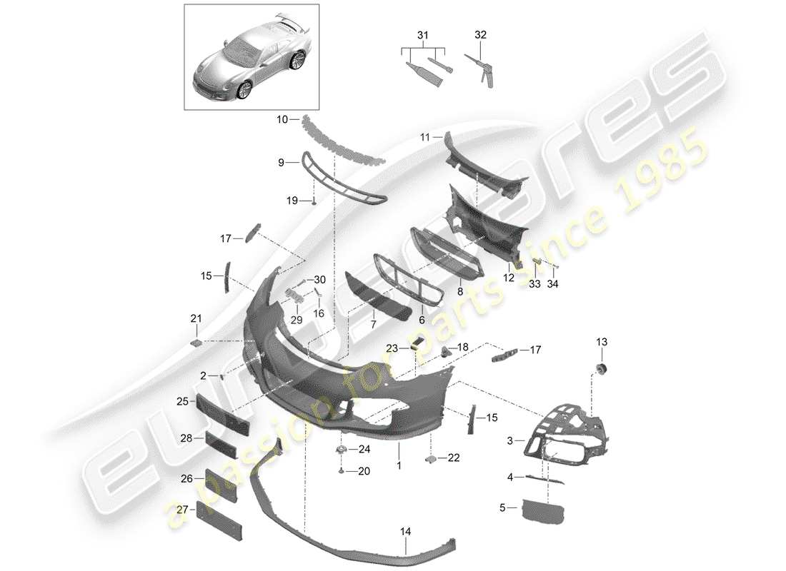porsche 2014 (991-1 r/gt3/rs) stoßstange ersatzteildiagramm