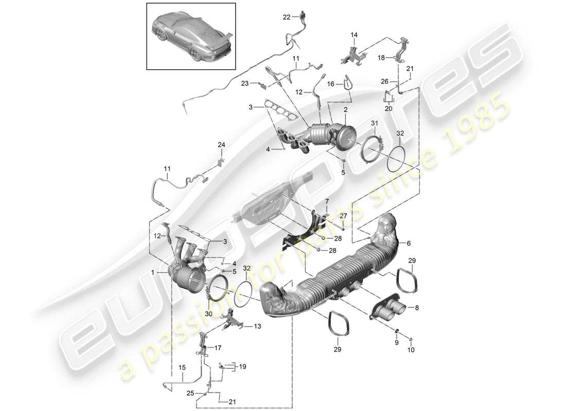 porsche 2014 (991-1 r/gt3/rs) auspuffanlage teilediagramm