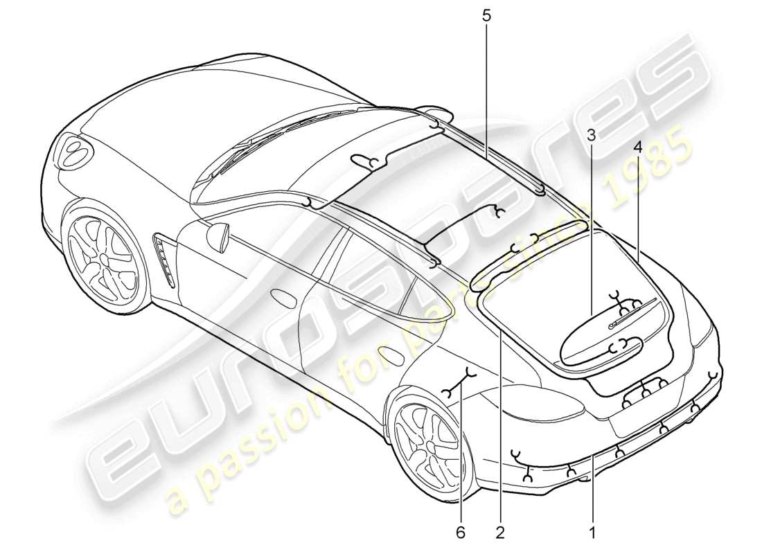 porsche 2012 (panamera 970) kabelbäume heckspoiler dachverkleidung heckklappe antiblockiersystem -abs- bremsbelagverschleißanzeige hinterachse teilediagramm