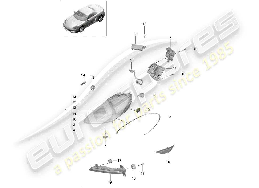 porsche 2019 (718 boxster) scheinwerfer-teilediagramm