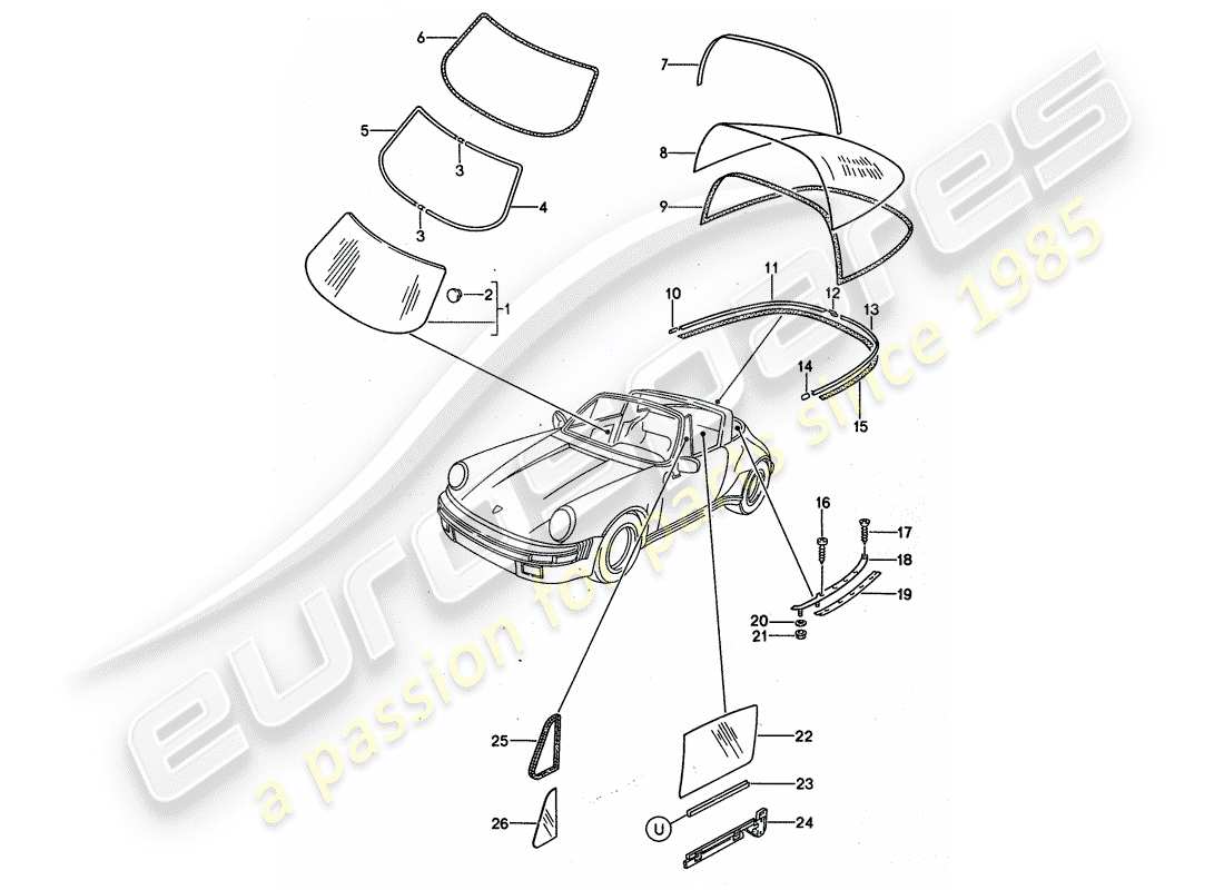 porsche 1987 (911) fensterverglasung ersatzteildiagramm