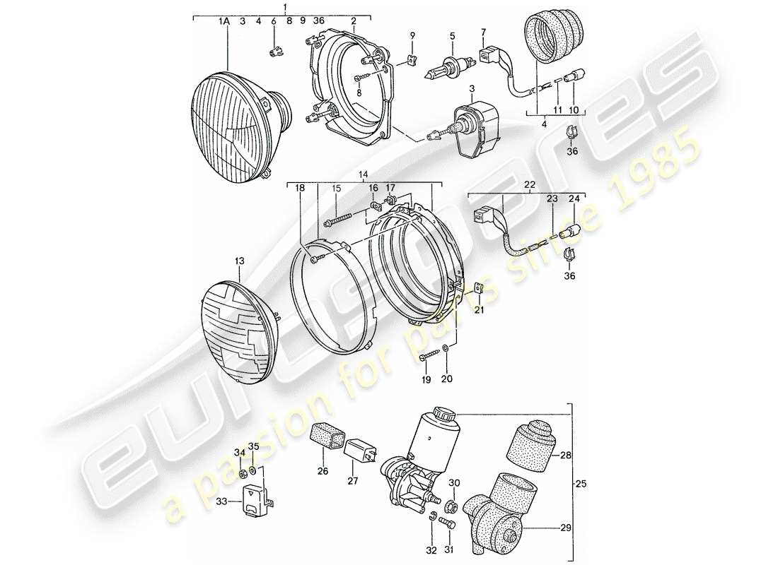 porsche 1990 (944) scheinwerfer - elektromotor - aufklappbarer scheinwerfer ersatzteildiagramm