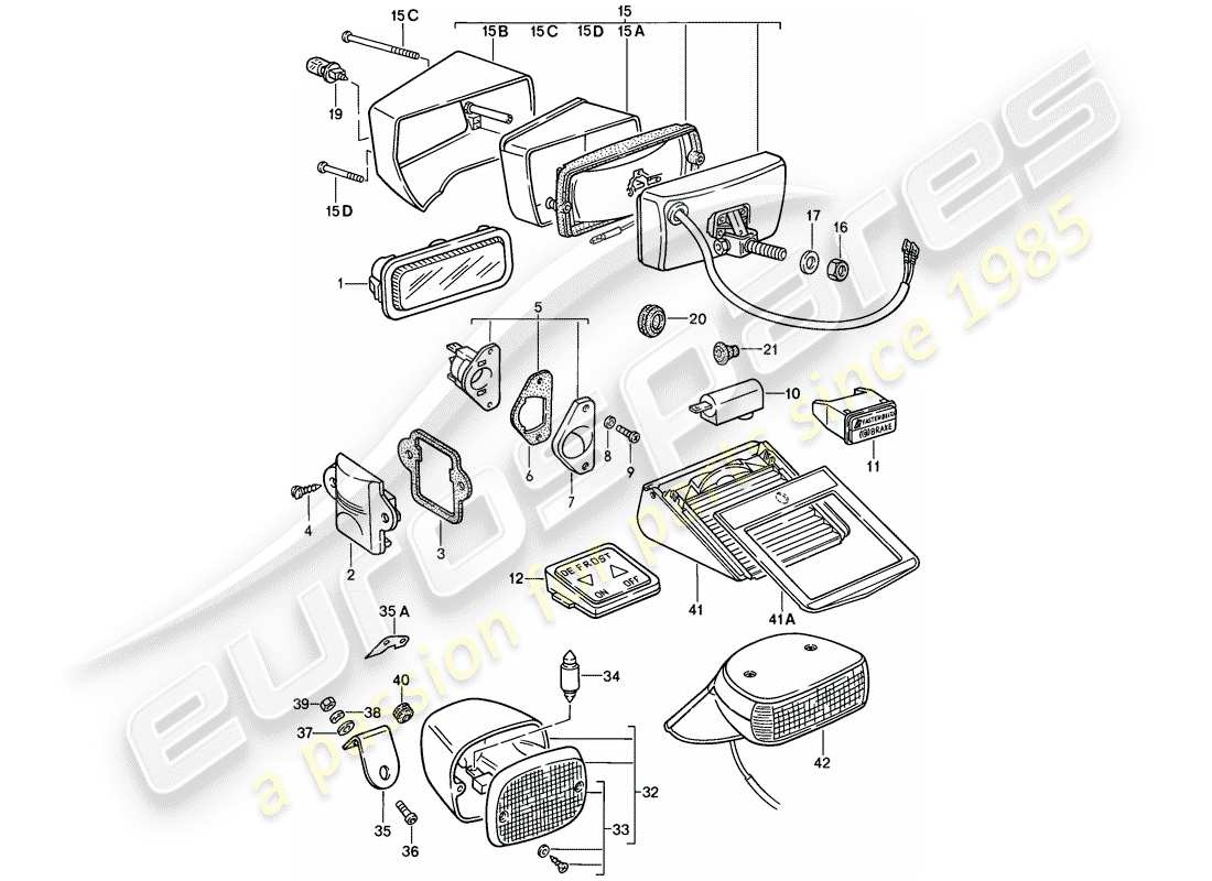 porsche 1984 (911) innenleuchte - nebelscheinwerfer - leuchten ersatzteildiagramm
