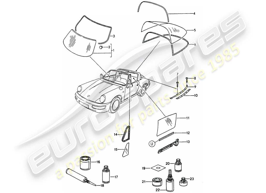 porsche 1989 (964) fensterverglasung ersatzteildiagramm