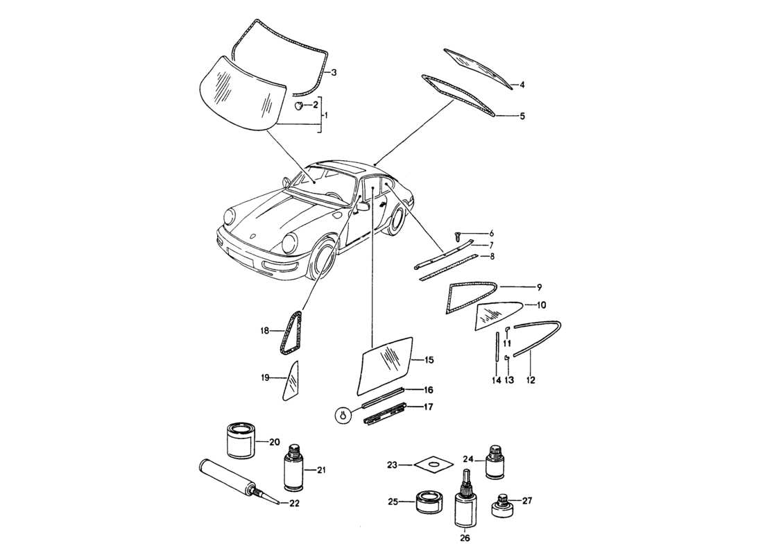 porsche 1994 (964) fensterverglasung ersatzteildiagramm