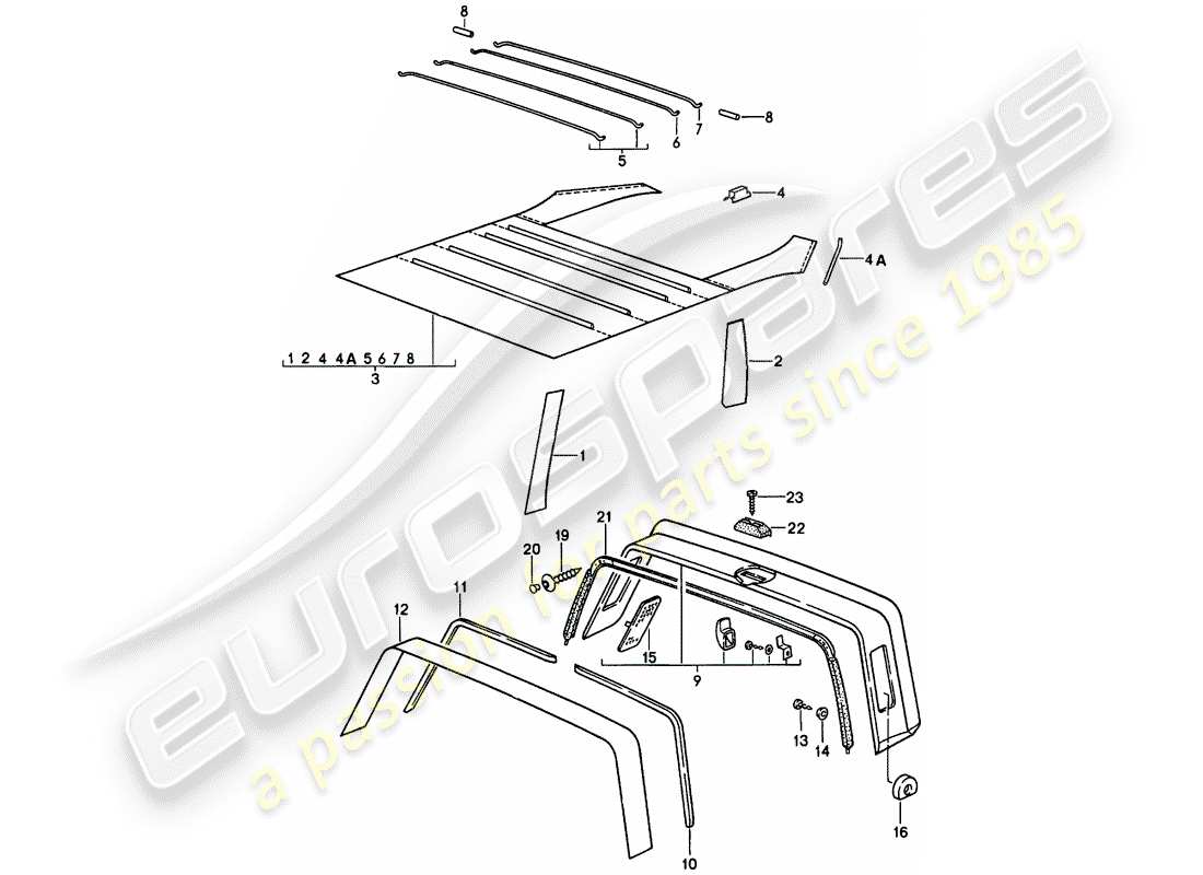 porsche 1985 (911) innenausstattung - dach - überrollbügel ersatzteildiagramm