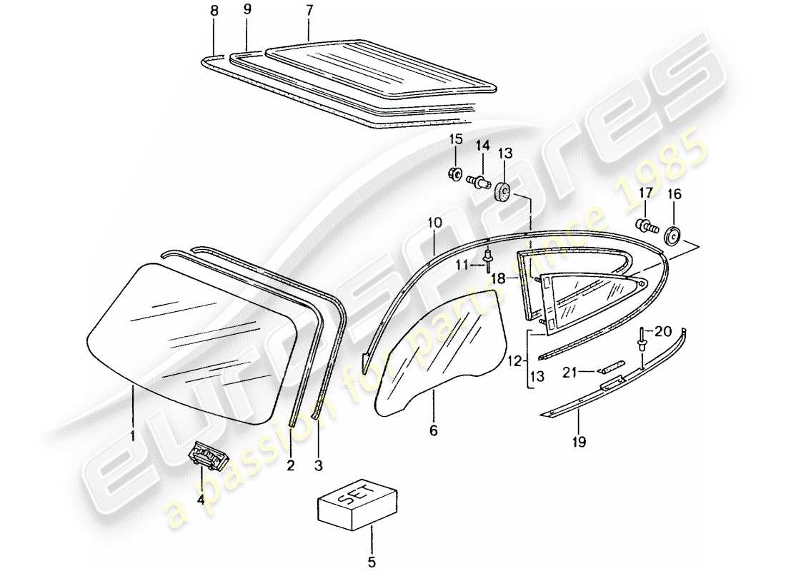 porsche 2005 (996 gt3) fensterverglasung ersatzteildiagramm