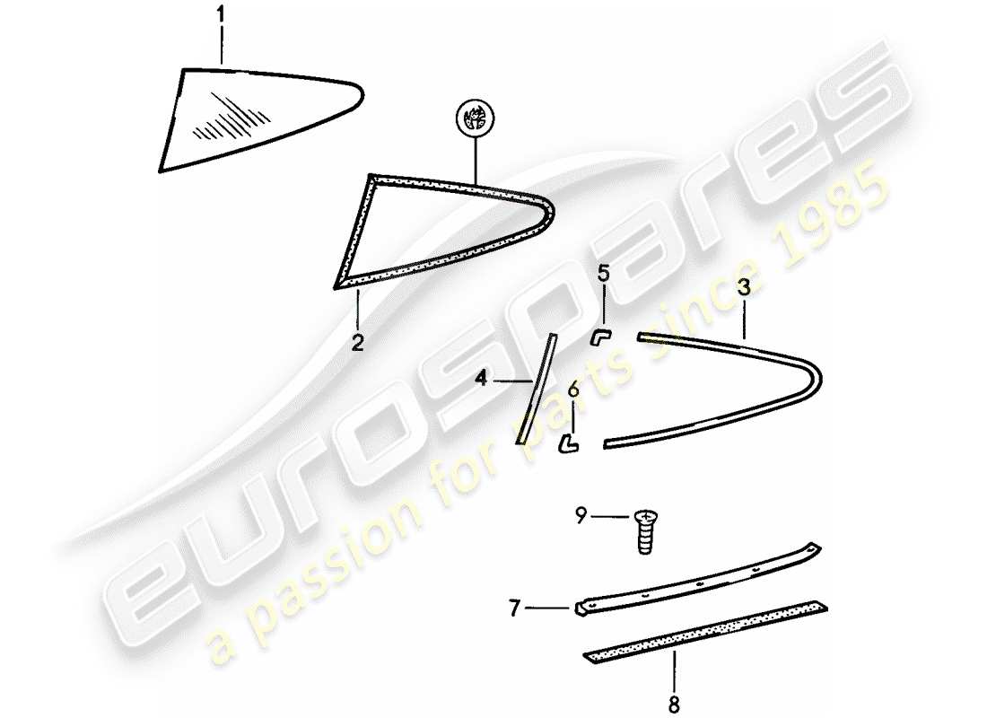 porsche 1986 (911) fensterverglasung - seitenfenster teilediagramm