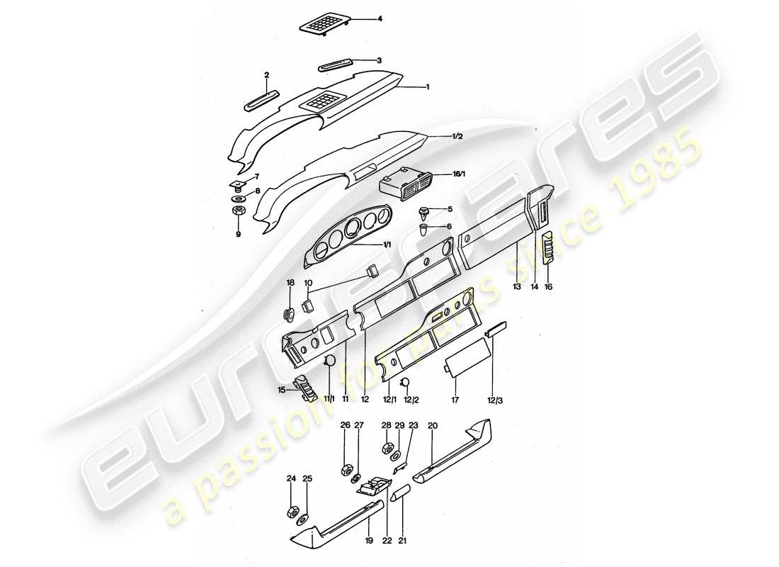 porsche 1977 (911 turbo) dashboard-ersatzteildiagramm