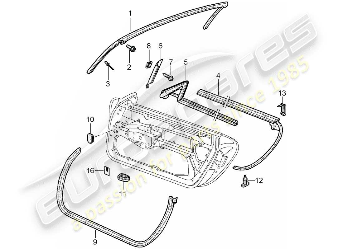 porsche 2001 (996) türdichtung - dichtung - windschutzscheibenrahmen ersatzteildiagramm