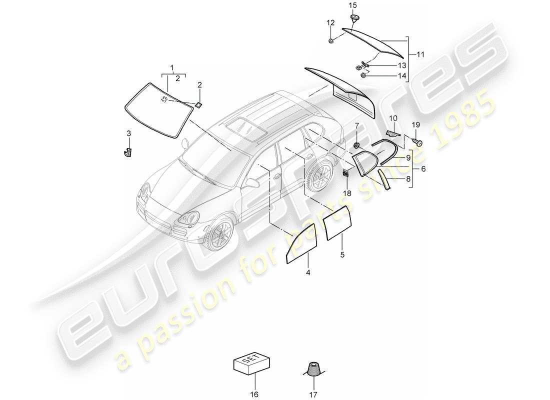 porsche 2010 (cayenne e1 9pa) fensterverglasung teilediagramm
