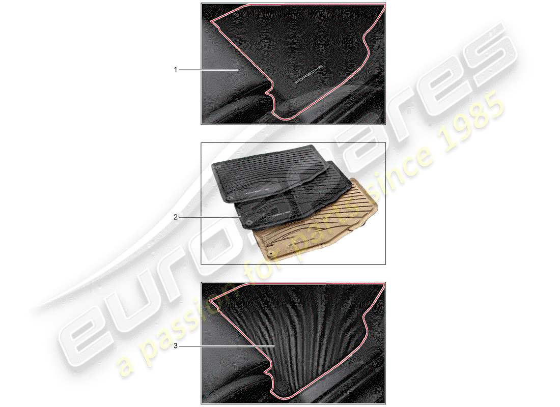 porsche 2019 (tequipment 98x/99x) 1 set fussmatten (textil) ersatzteildiagramm