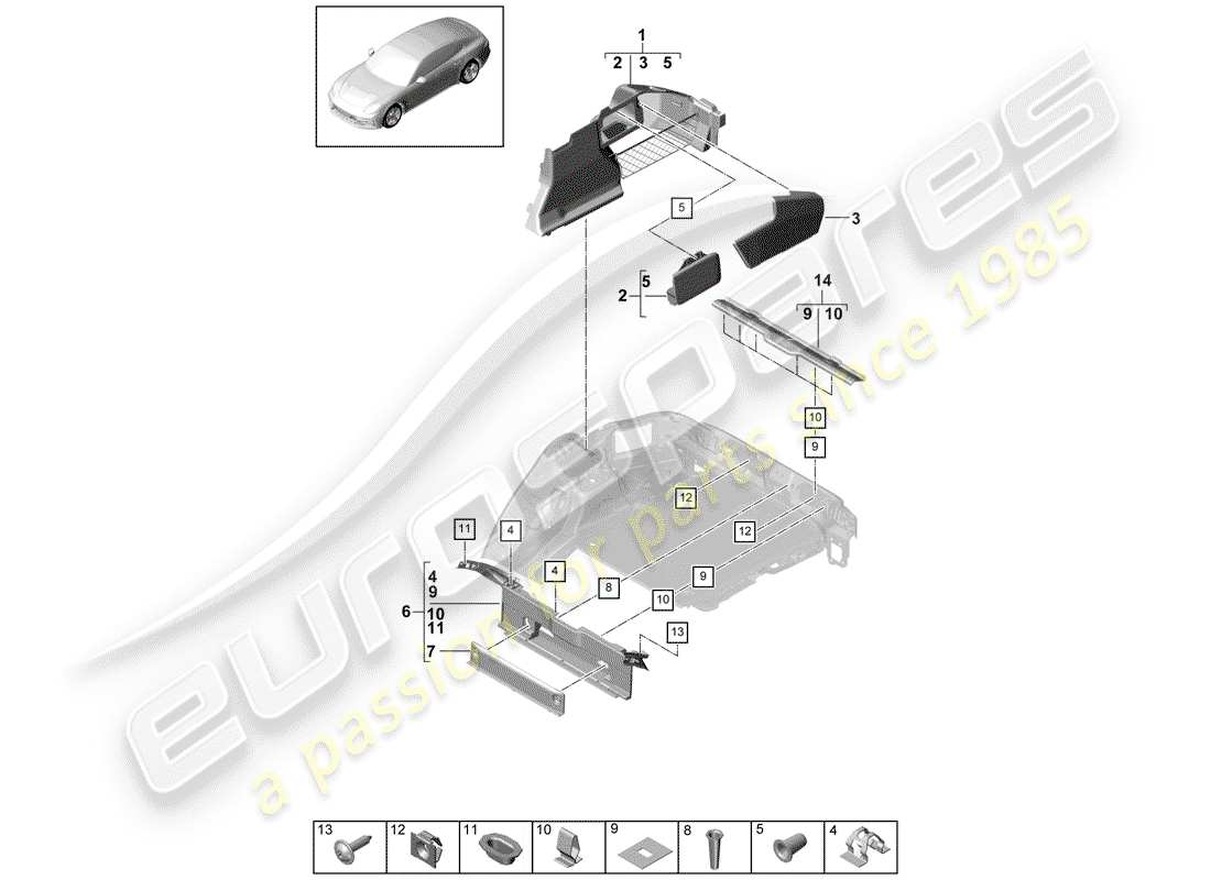 porsche panamera 971 (2017) kofferraumverkleidung - ersatzteildiagramm